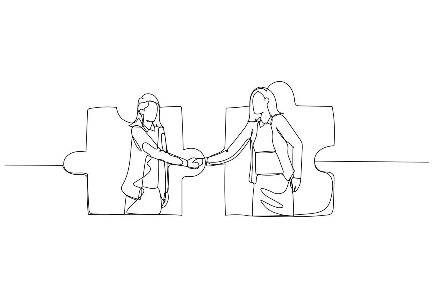 Drawing of businesswoman inside jigsaw puzzle shake hand together. Concept of business agreement. Continuous line art vector