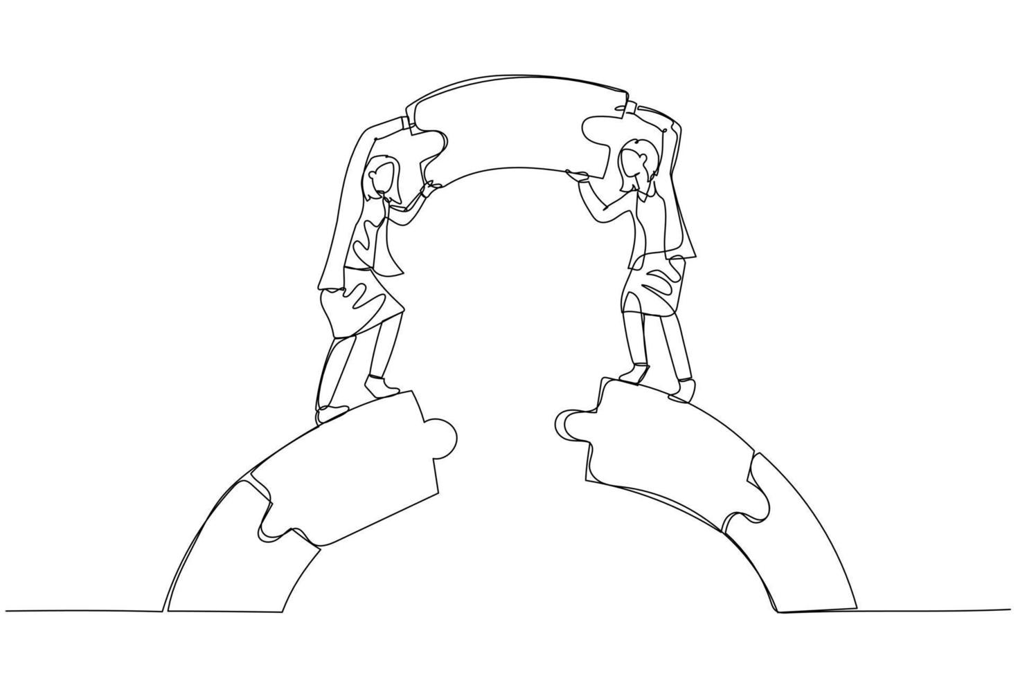 Drawing of businesswoman and coworker connect and build jigsaw puzzle bridge. Concept of solve problem. One continuous line art style vector