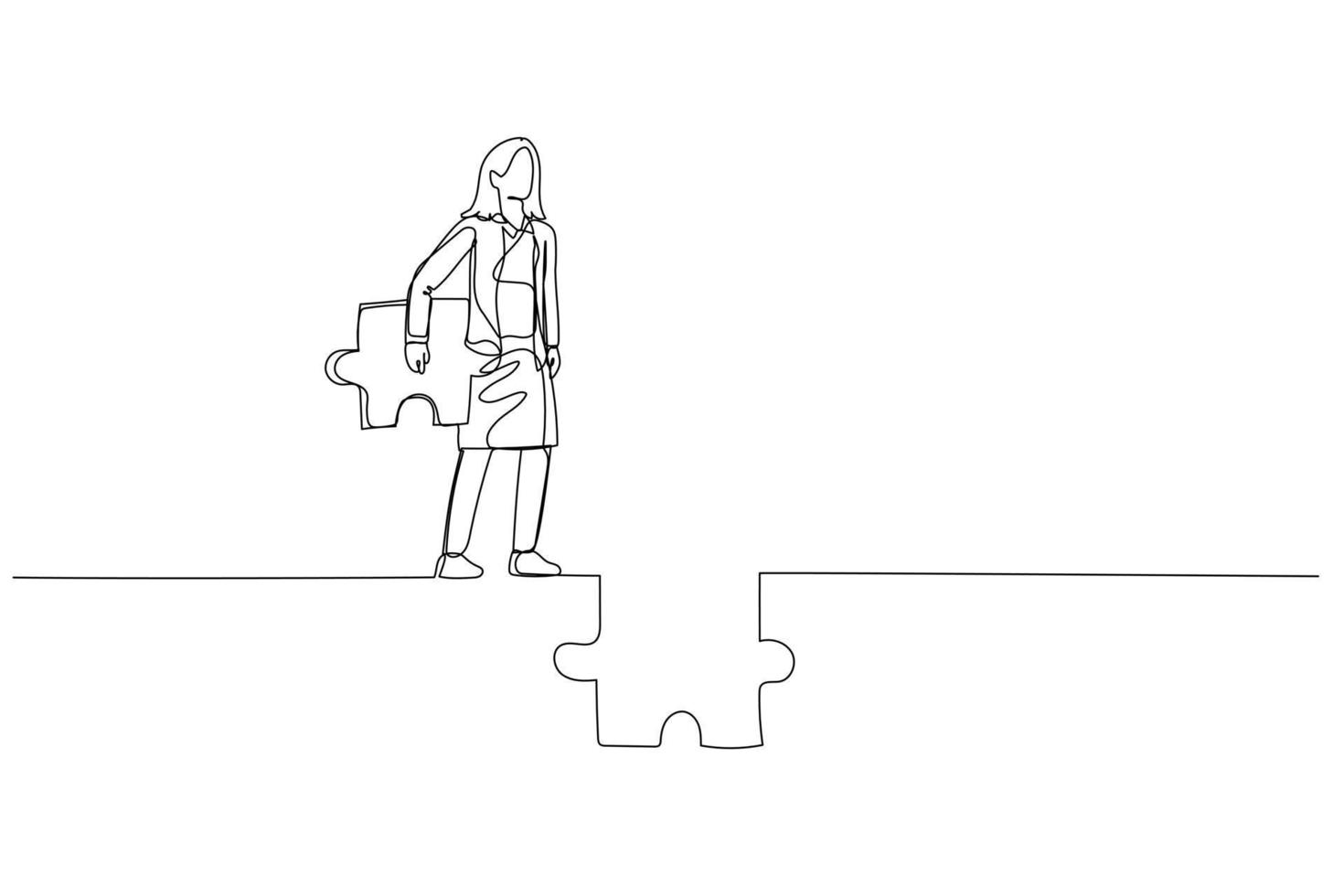 Drawing of businesswoman holding puzzle try to connect the road. Concept of ambition. One line style art vector