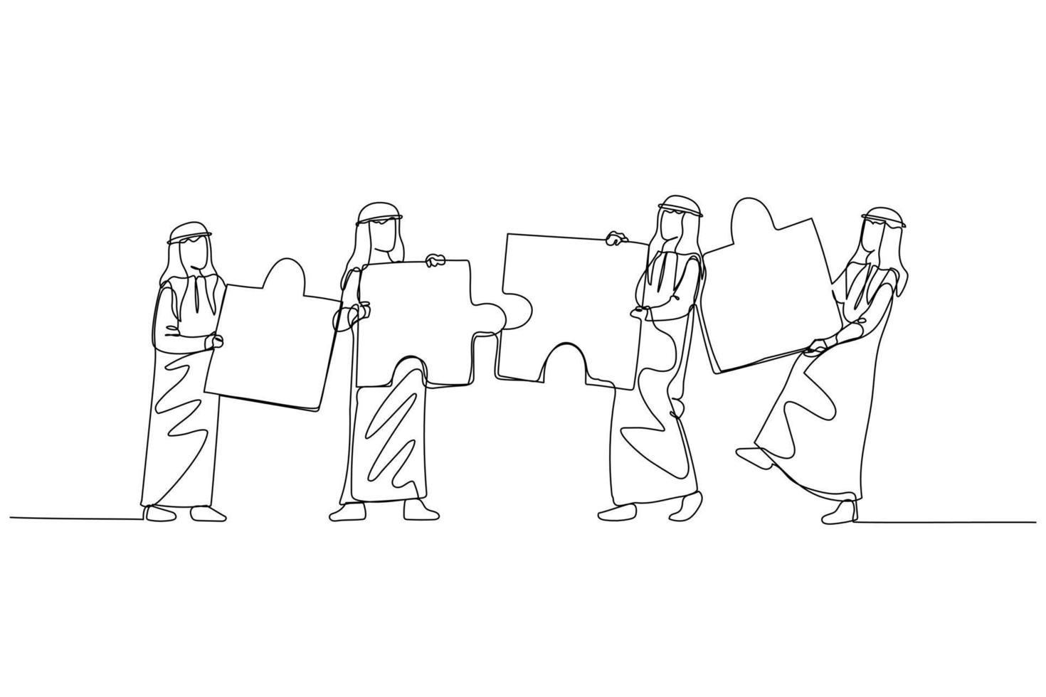 Drawing of arab businessman standing with puzzle in hand. Concept of cooperation. Single line art style vector