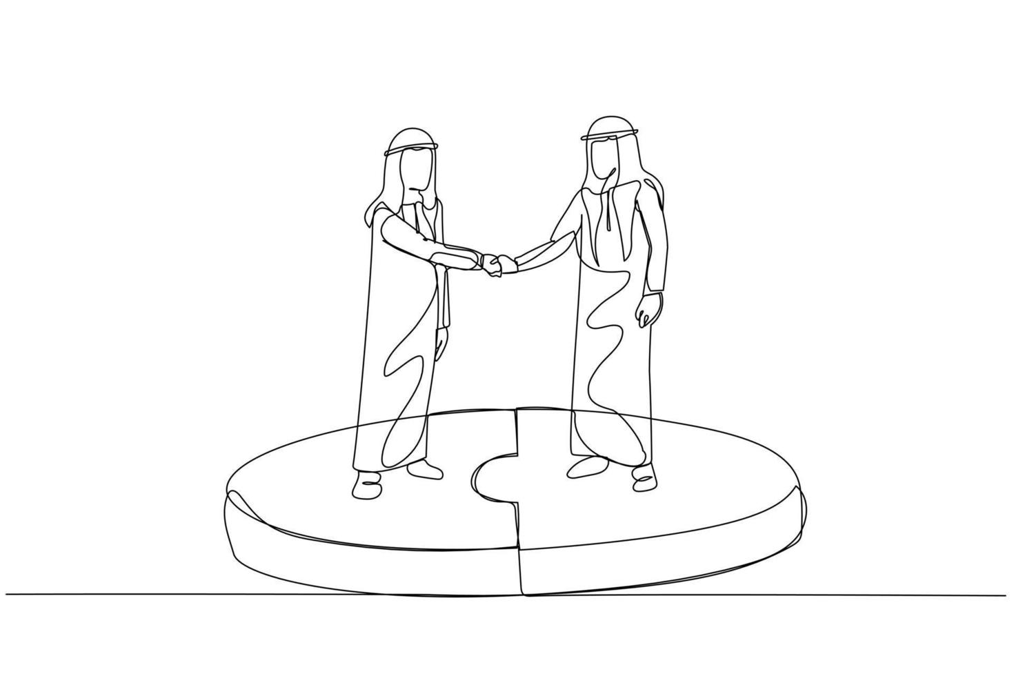 Illustration of arab businessman standing in connected puzzle shaking hand. Concept of business deal. One line art style vector