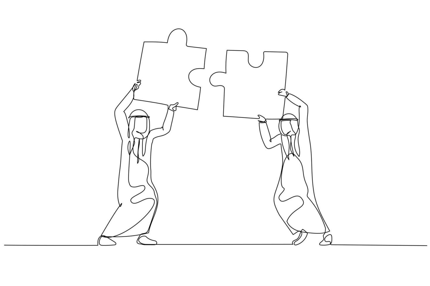 Drawing of arab businessman hold puzzle in the head try to connect puzzle. Concept of partnership. Single line art style vector