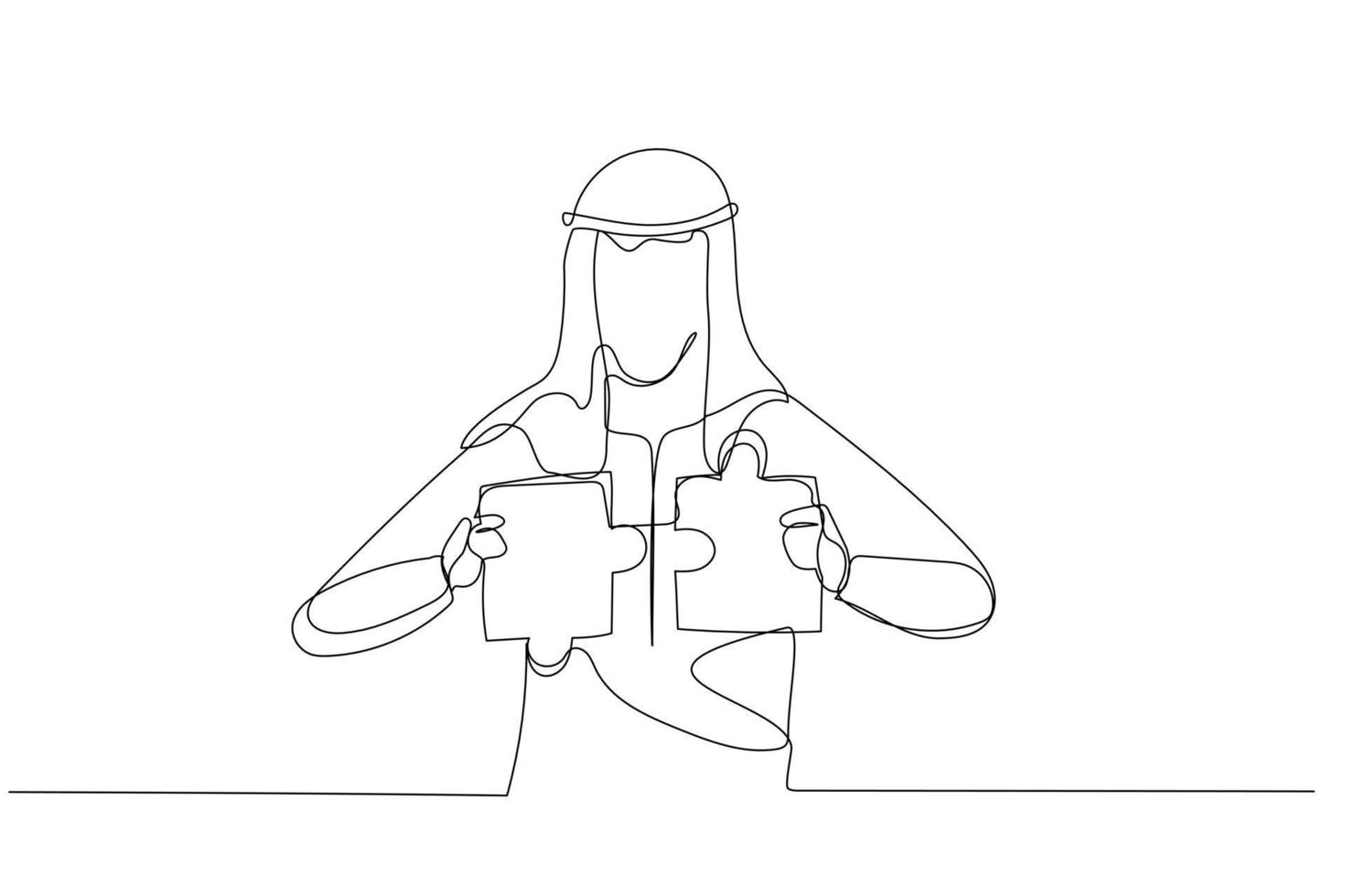 Cartoon of arab businessman connecting two puzzle pieces. Concept of creative solution. Continuous line art style vector