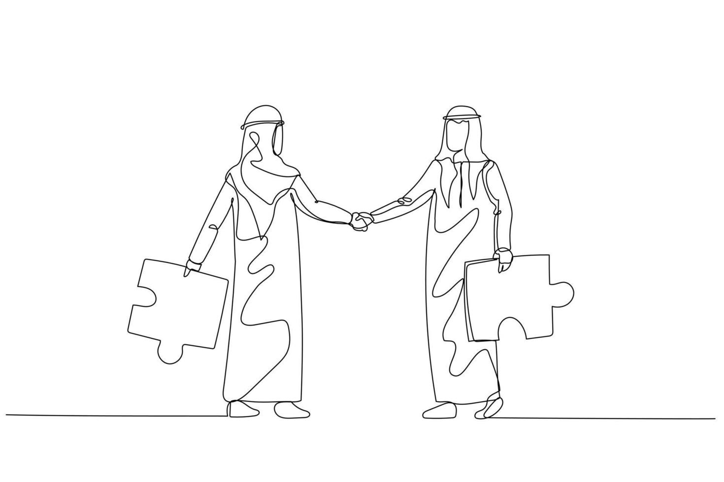 Illustration of arab businessman with puzzles briefcases shake hands. Concept of business connection. One continuous line art style vector