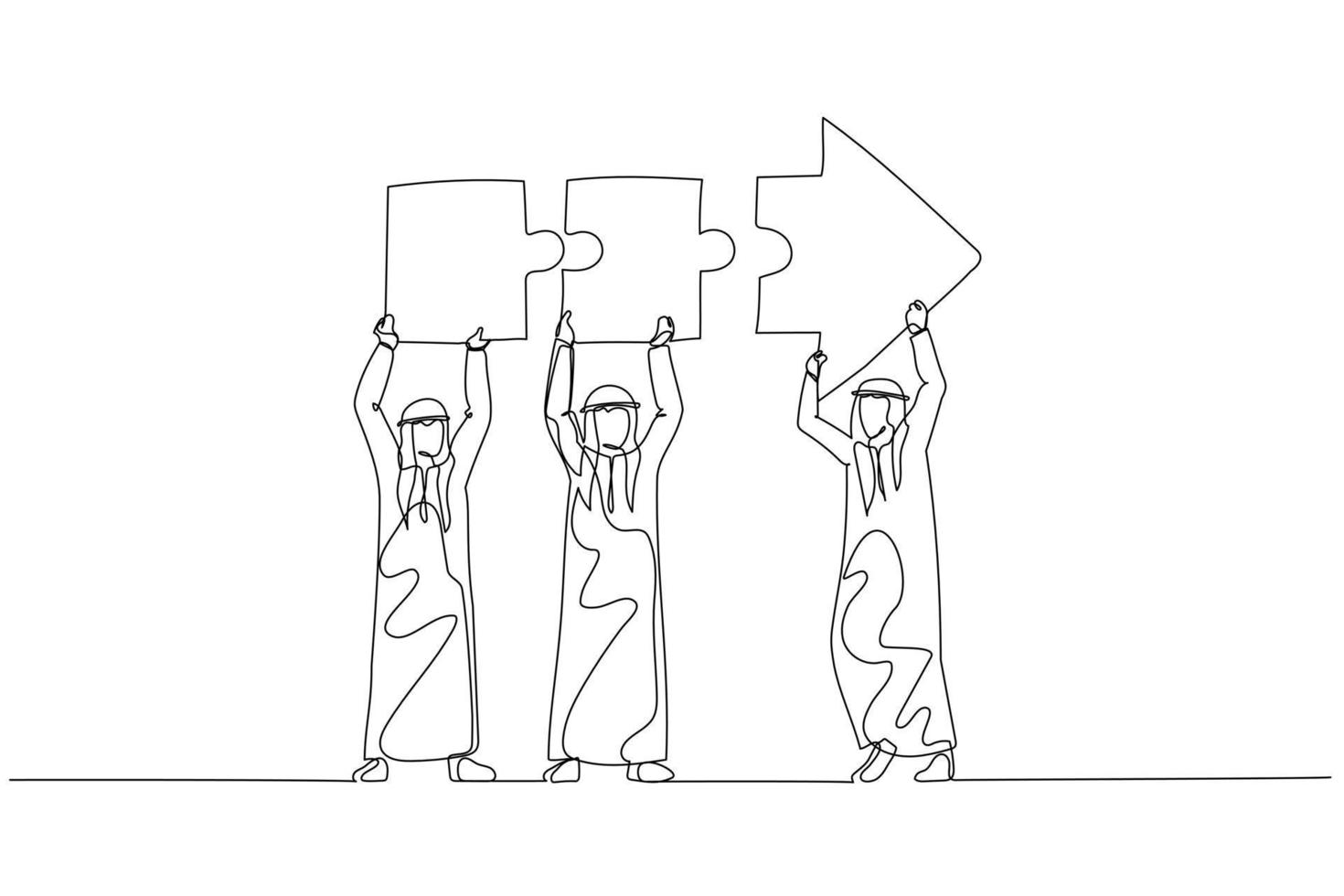 Illustration of arab businessman and coworkers connecting arrow jigsaw. Concept of problem solving. One line style art vector