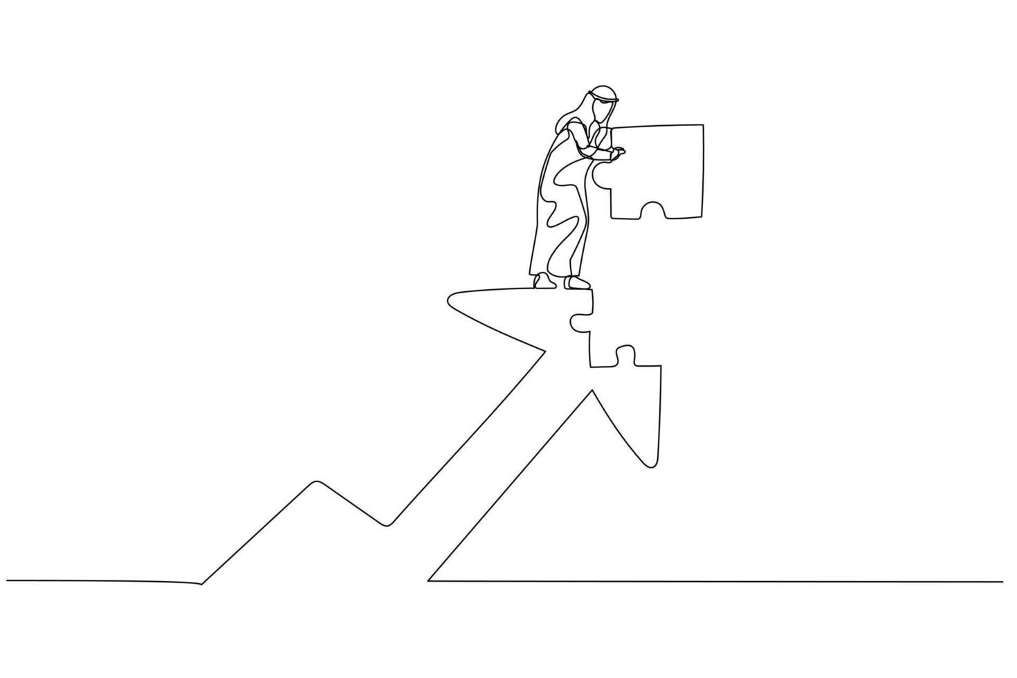 Drawing of arab businessman put last piece of jigsaw puzzle to complete rising up arrow. Concept of growth. Single line art style vector