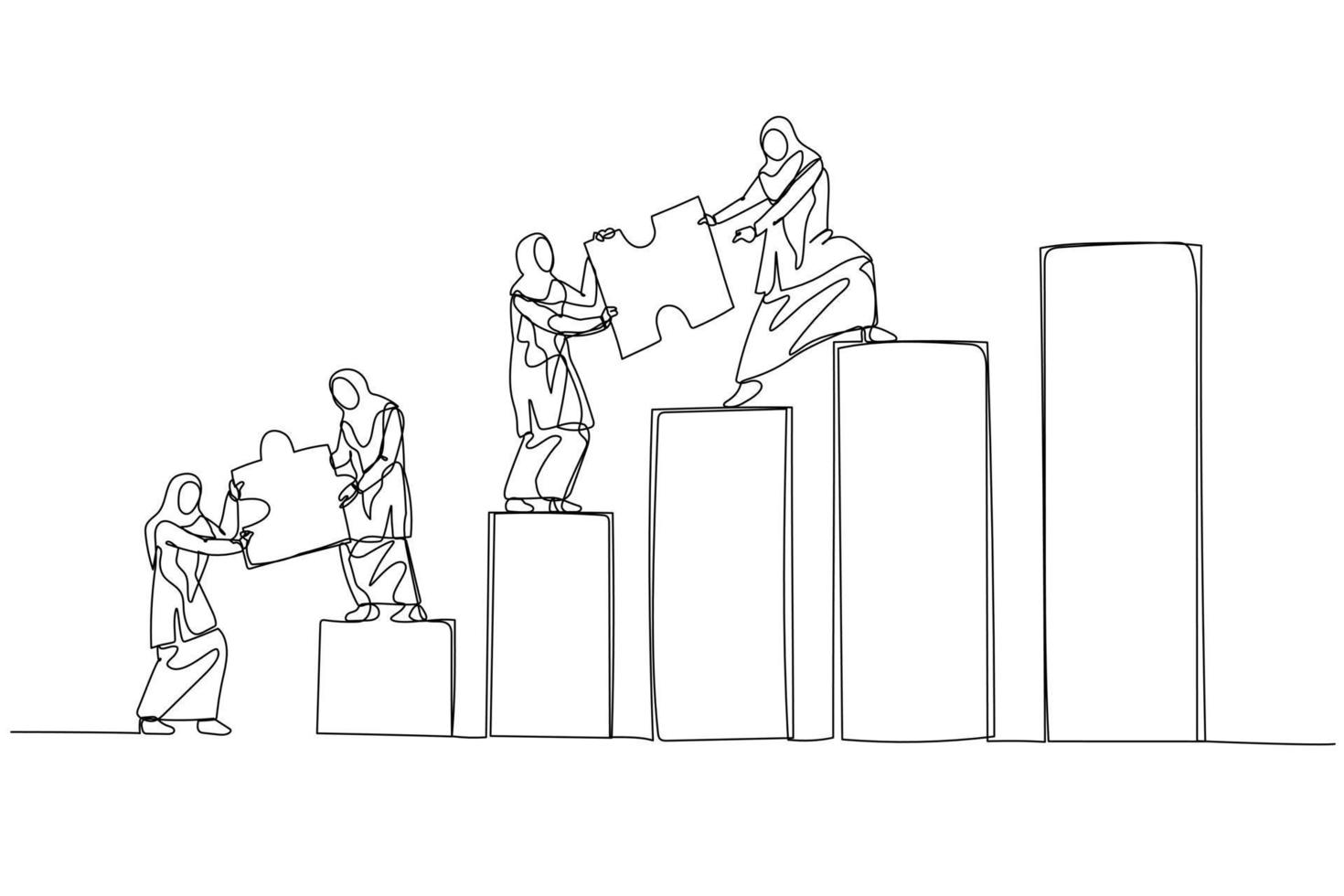 Drawing of muslim woman and team bring puzzle to the top. Concept of teamwork. Single line art style vector