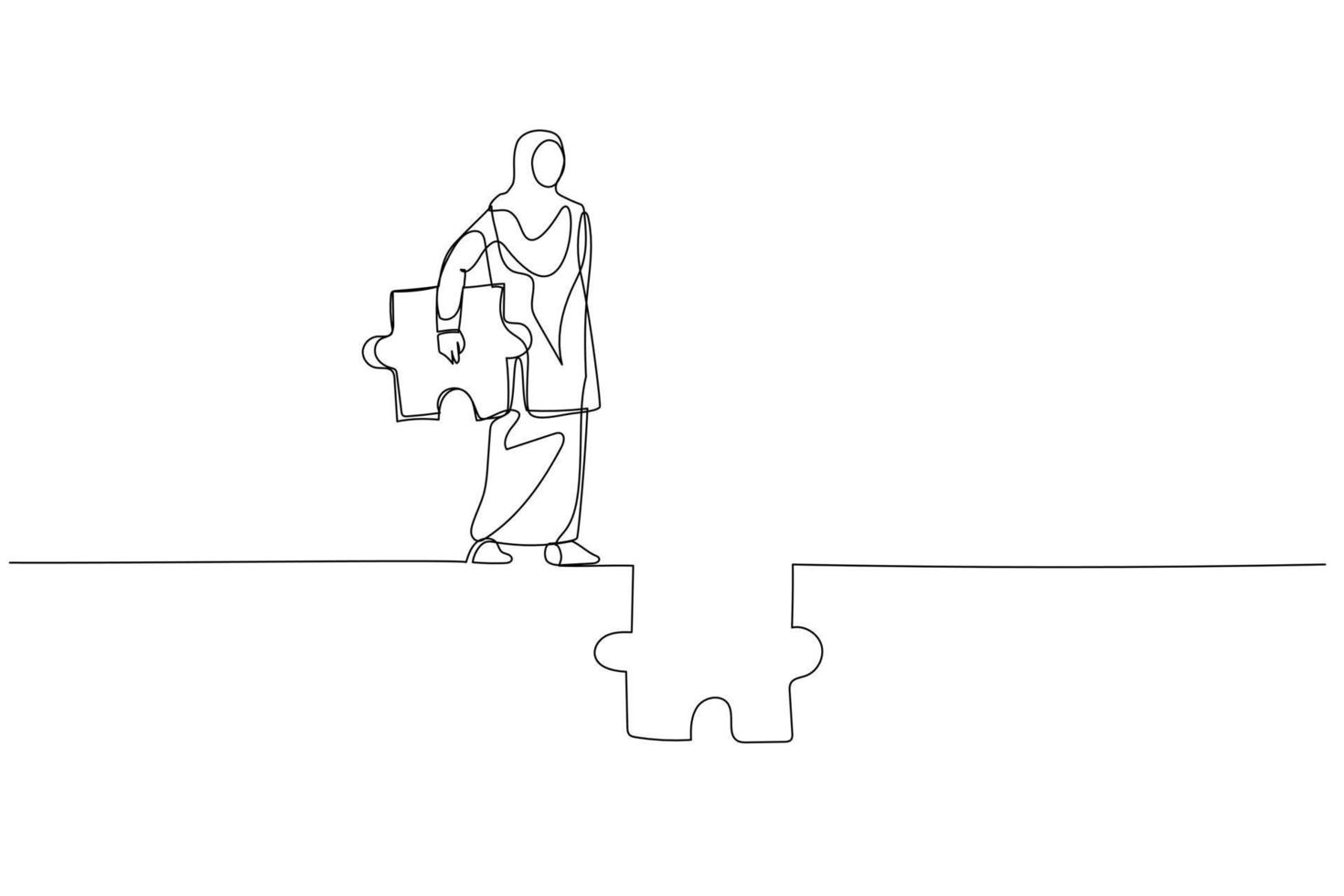 Illustration of muslim woman holding puzzle try to connect the road. Concept of ambition. Single continuous line art style vector