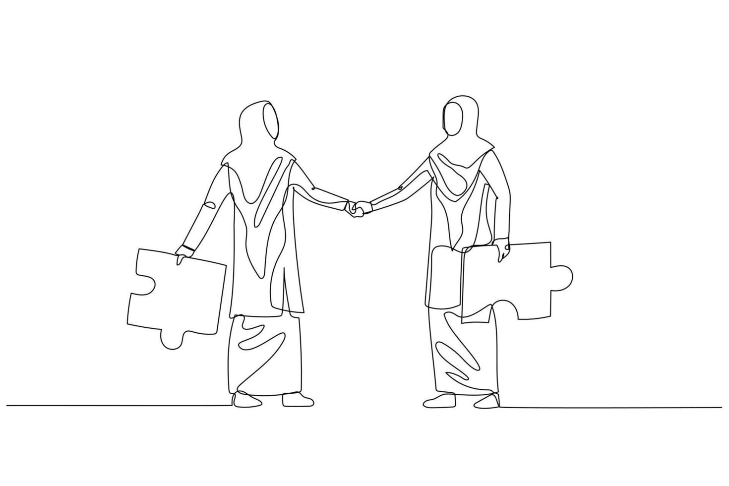 Cartoon of muslim woman with puzzles briefcases shake hands. Concept of business connection. Single continuous line art style vector