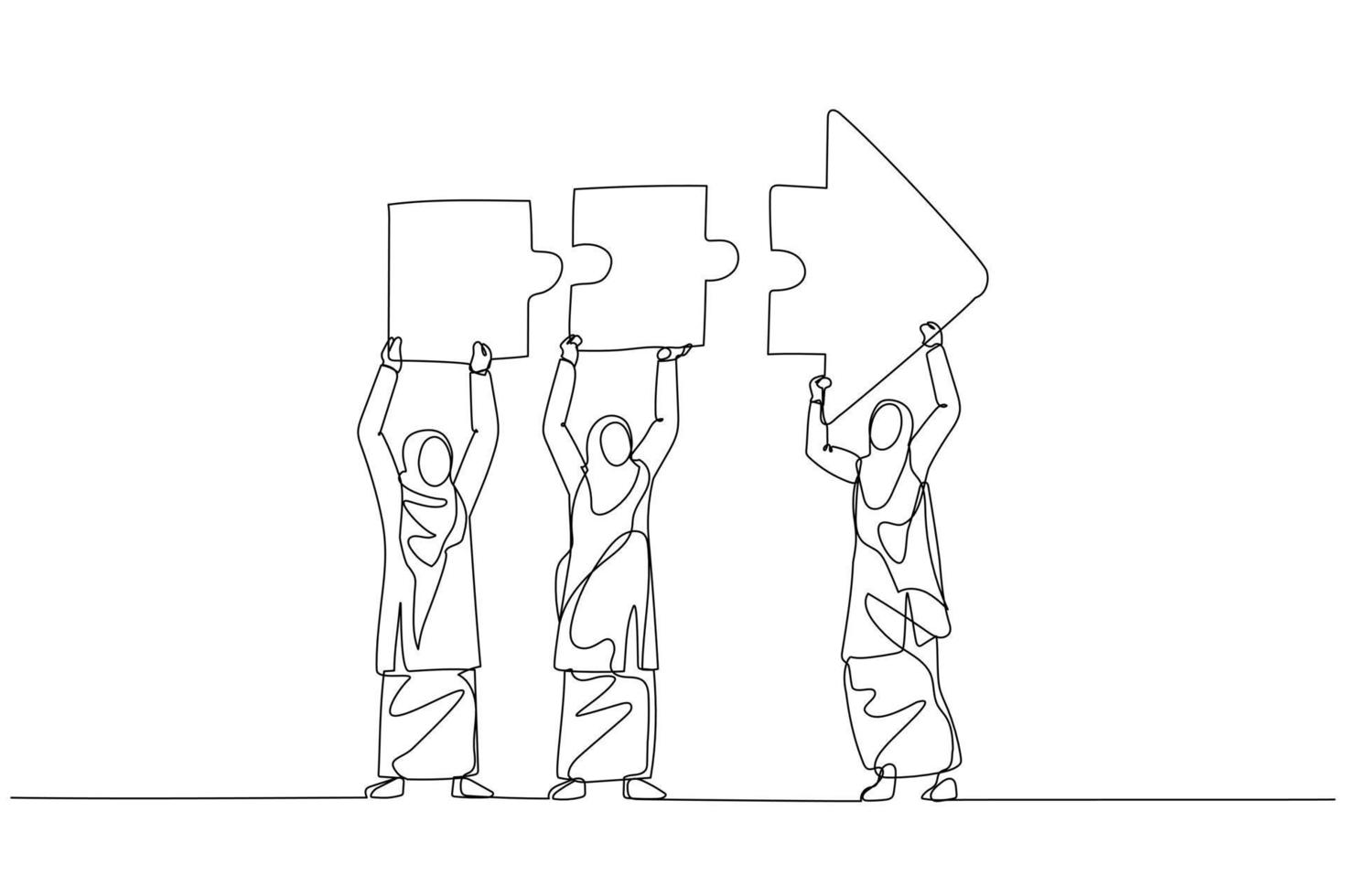 Cartoon of muslim woman and coworkers connecting arrow jigsaw. Concept of problem solving. Single continuous line art vector