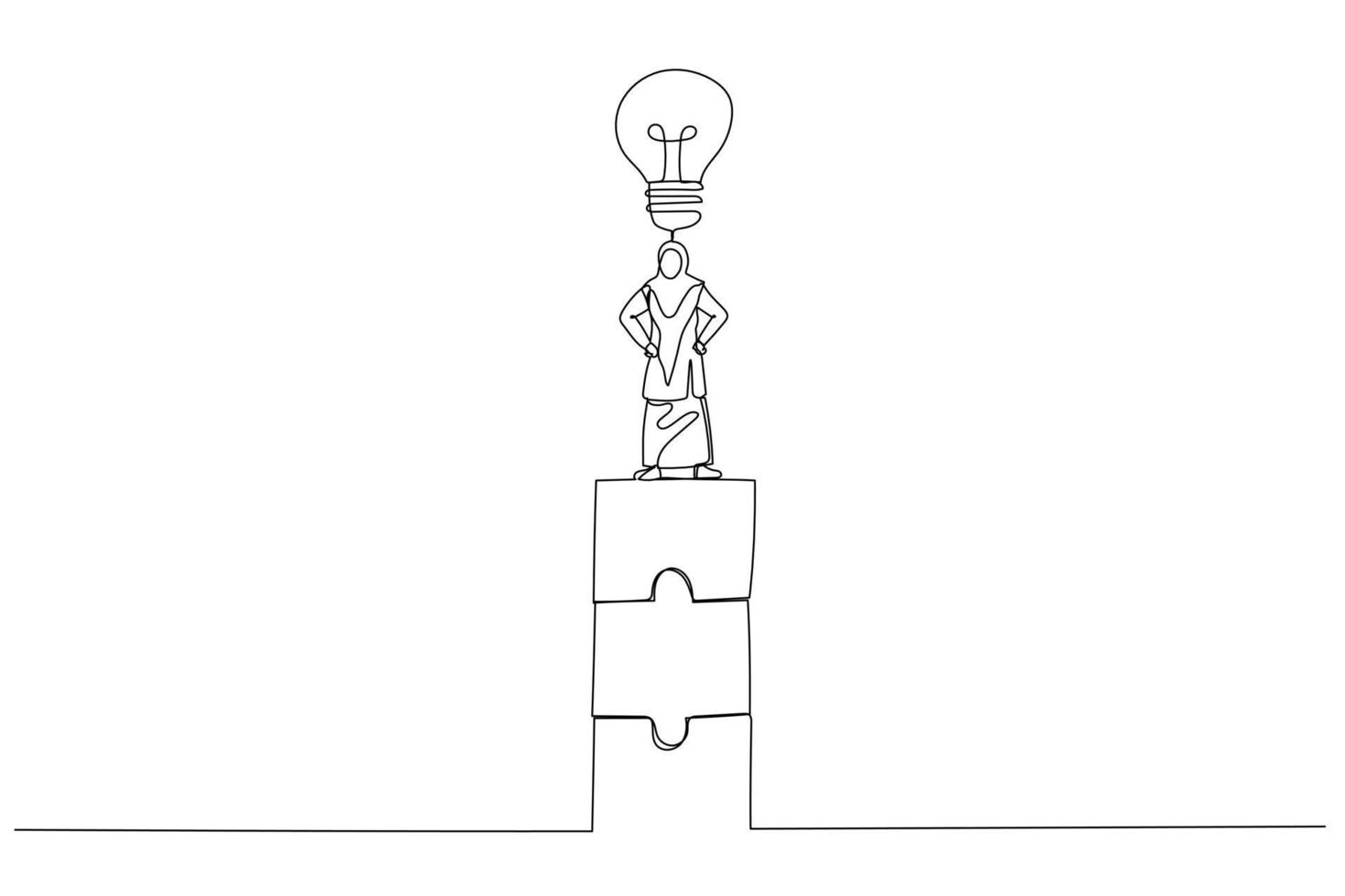 Drawing of muslim woman sit on puzzle tower. Concept of teamwork and cooperation. One line style art vector