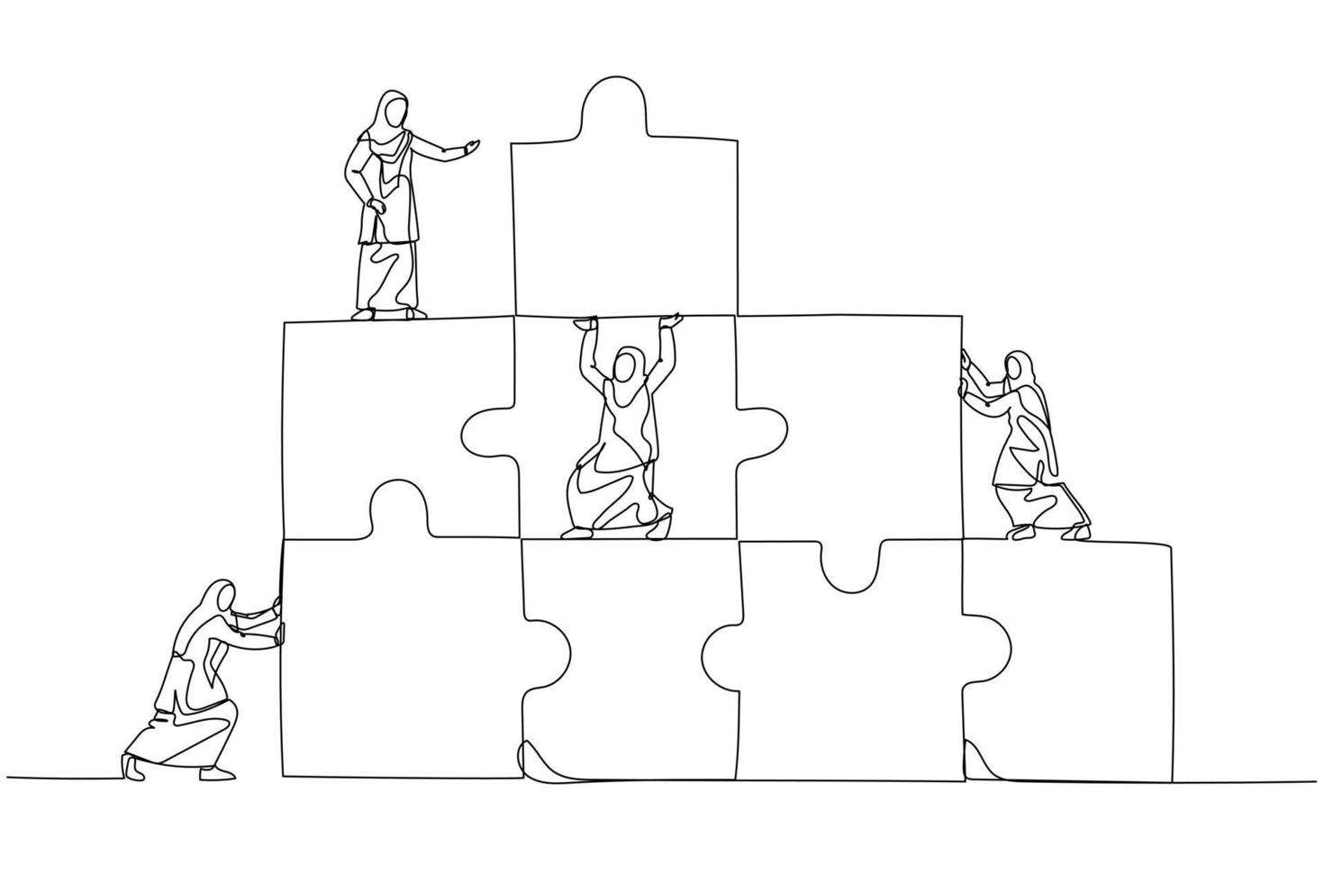 Illustration of muslim woman connecting puzzles pieces building. Concept of cooperation. Continuous line art style vector