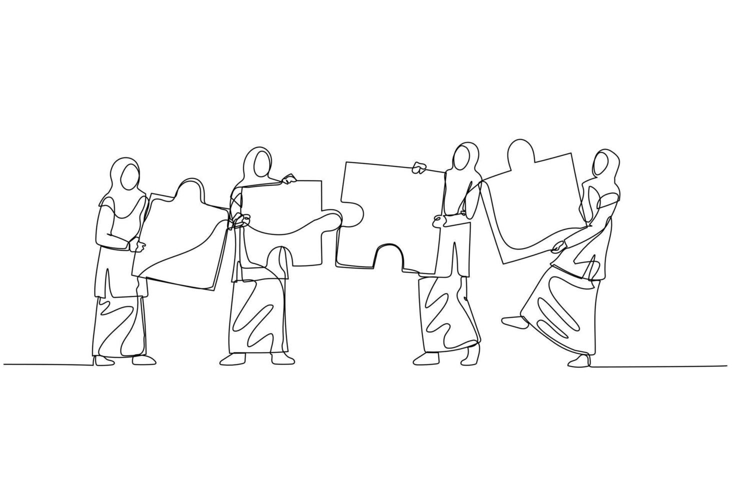 Drawing of muslim woman standing with puzzle in hand. Concept of cooperation. One line style art vector