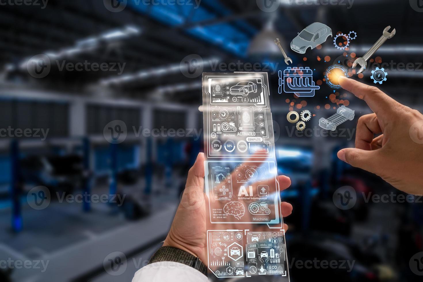 Hand hold fix Technology AI fix car repair on car Lift in garage dealership Fix the car with a touch touching UI screen interface point to the point corrected New technology in IOT car industry auto photo