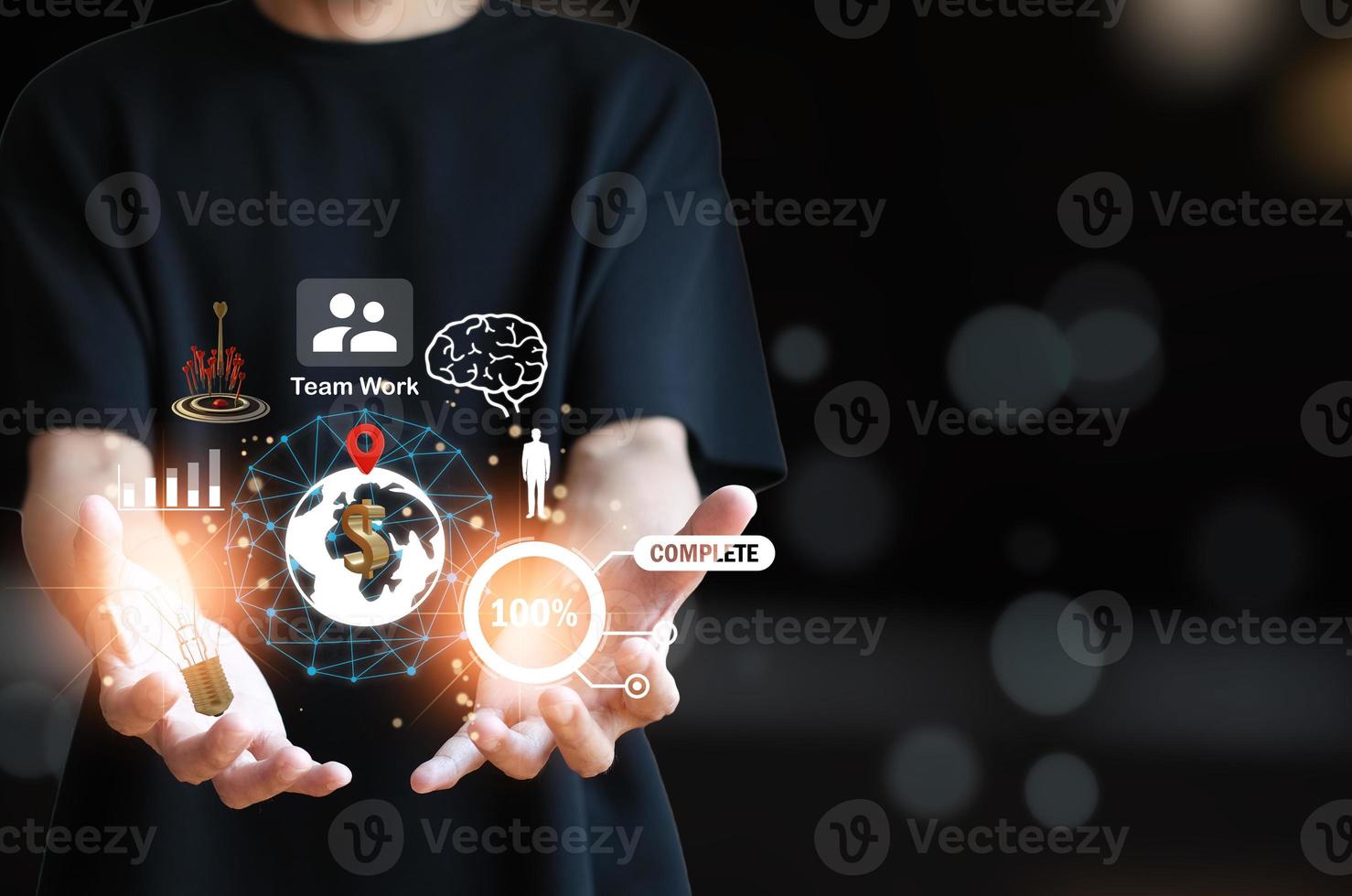 Hand man hold UI interface dollar app cloud online to growth target idea connect online pin connection to business, solution, global, connects world technology business brainstorming success complete photo