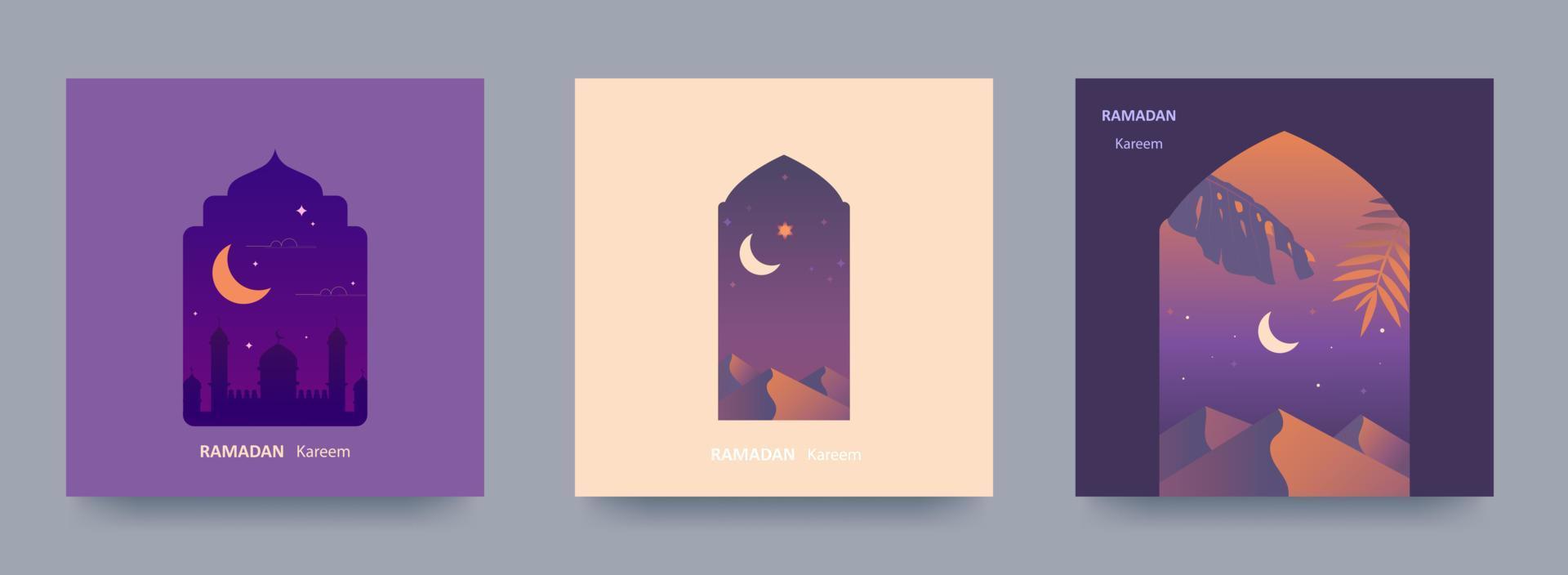 Ramadan Kareem Set of posters, holiday covers, flyers. Modern design in pastel colors with mosque, crescent moon, dune sands, arched windows. Vector illustration