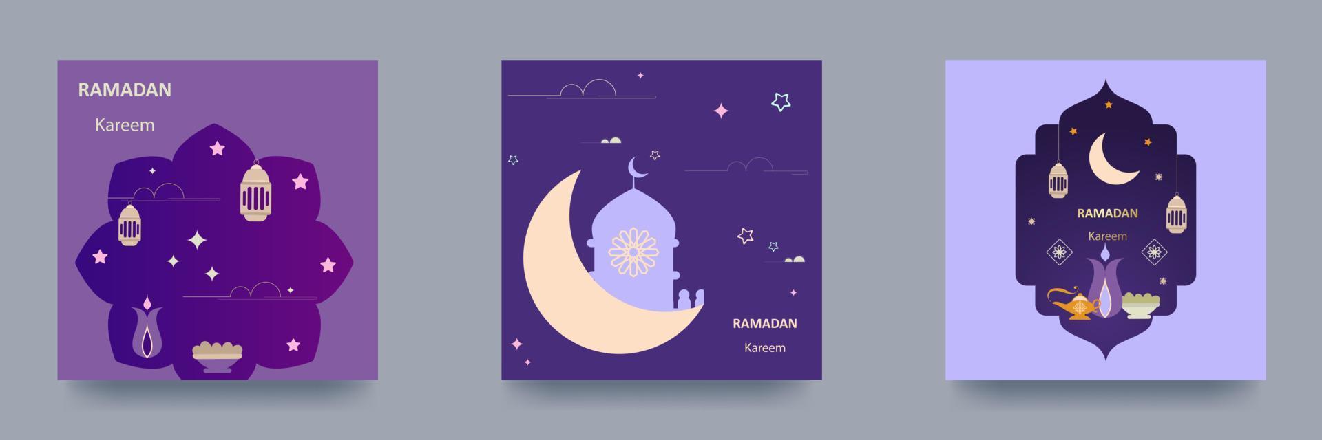Ramadan Kareem Set of posters, holiday covers, flyers. Modern design in pastel colors with a mosque, crescent moon, traditional patterns, arched windows. Vector illustration