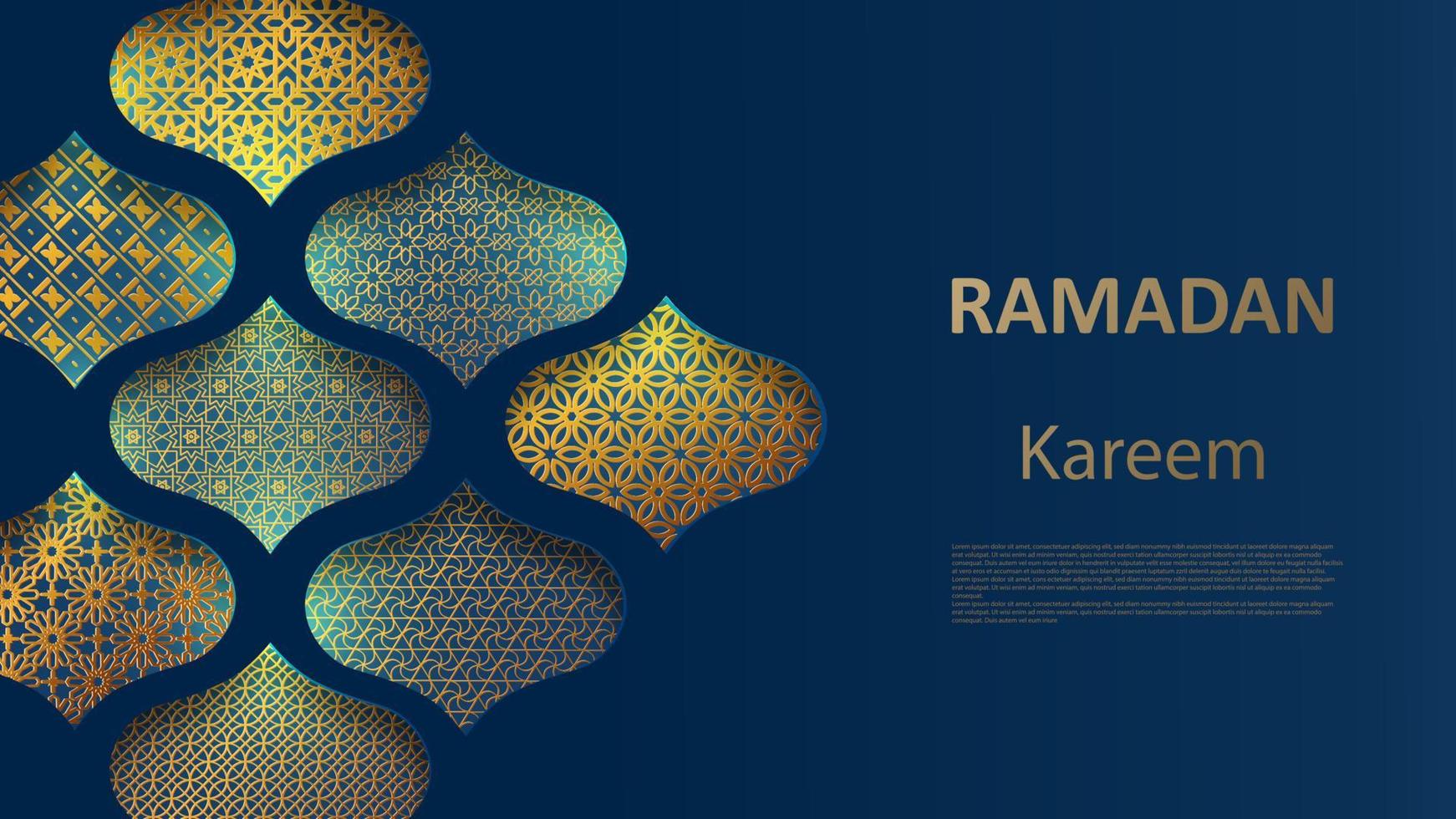 Ramadan Kareem poster. Islamic postcard, poster, banner template. Modern design with geometric pattern and traditional designs in blue and gold. Golden gradient. Vector illustration