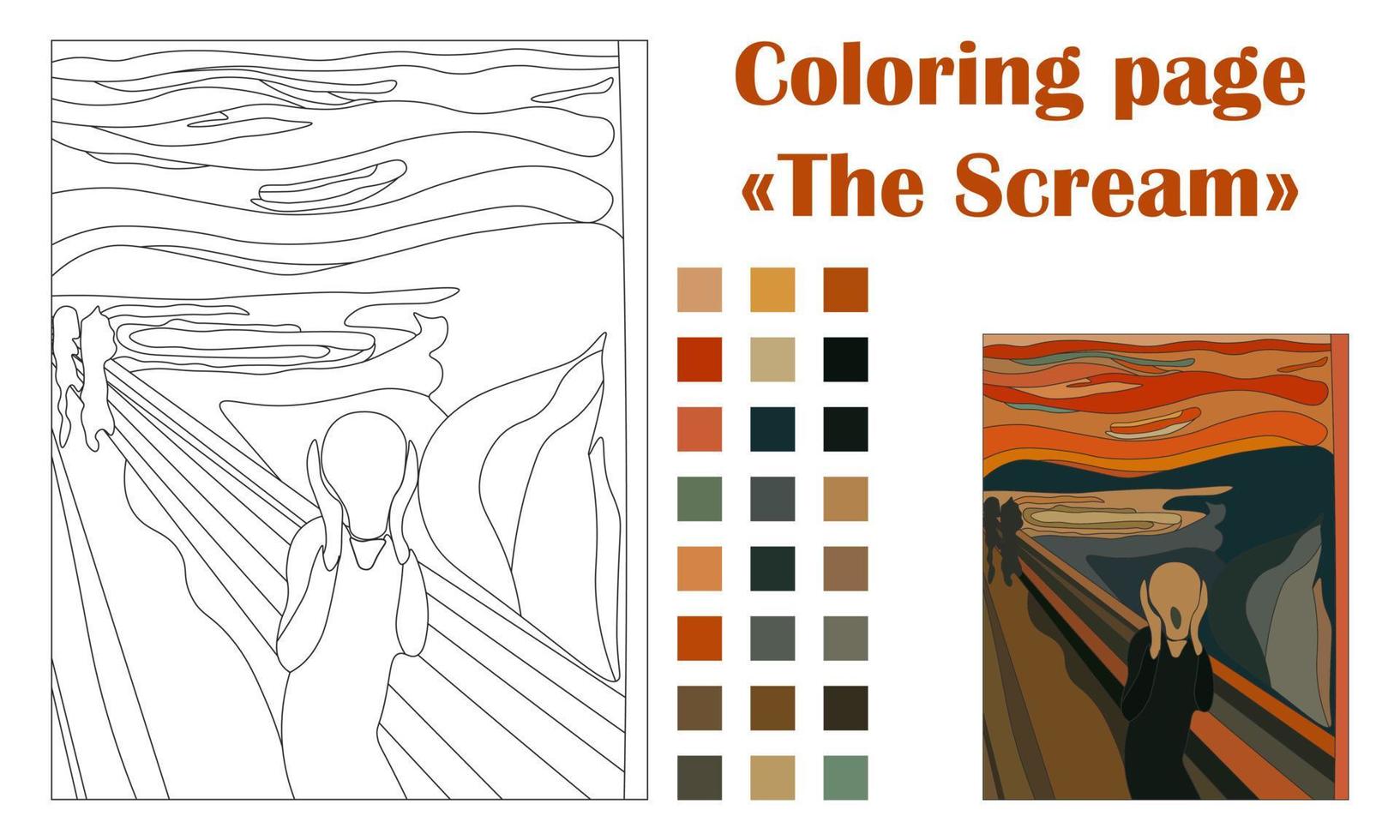 Coloring pageThe scream painting.  Edward Munch inspired. Vector