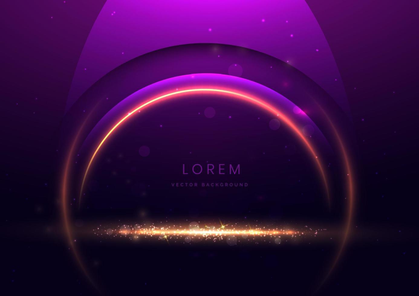 Luxury dark purple background with circle glowing purple and golden line lighting effect sparkle. vector