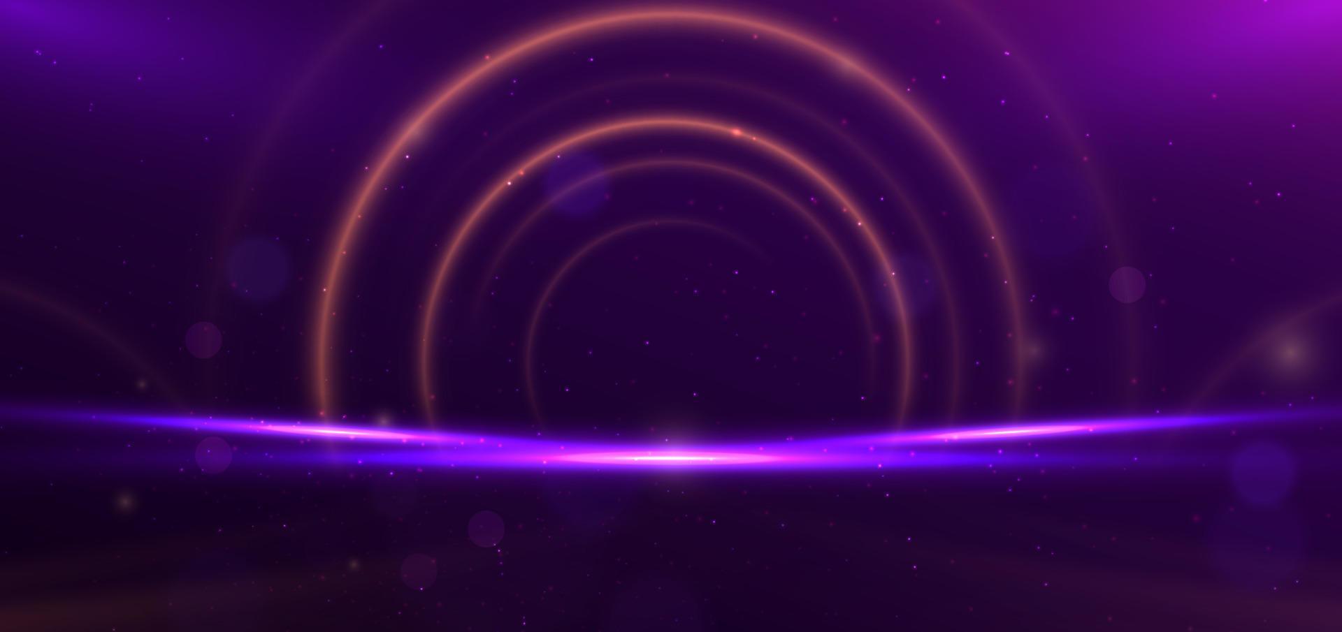 Abstract circle glowing gold lines on dark purple background with lighting effect and sparkle with copy space for text. vector