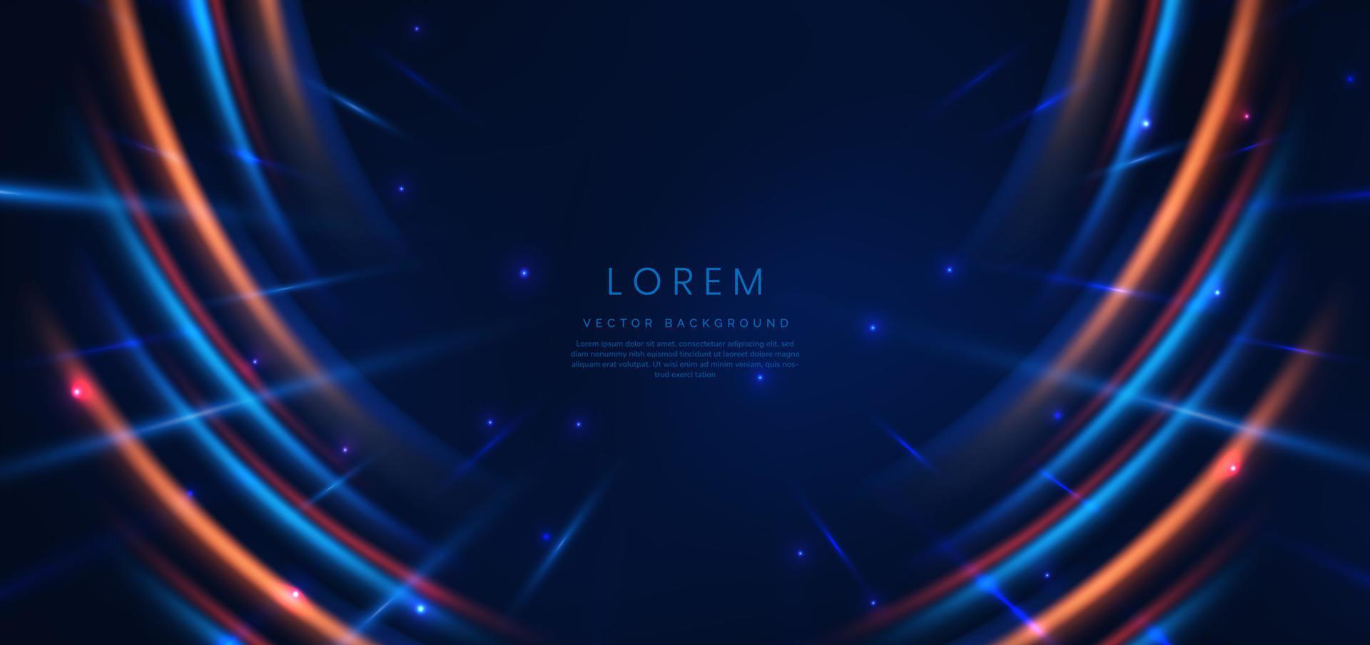 Abstract neon light curved orange and blue on dark blue background. vector