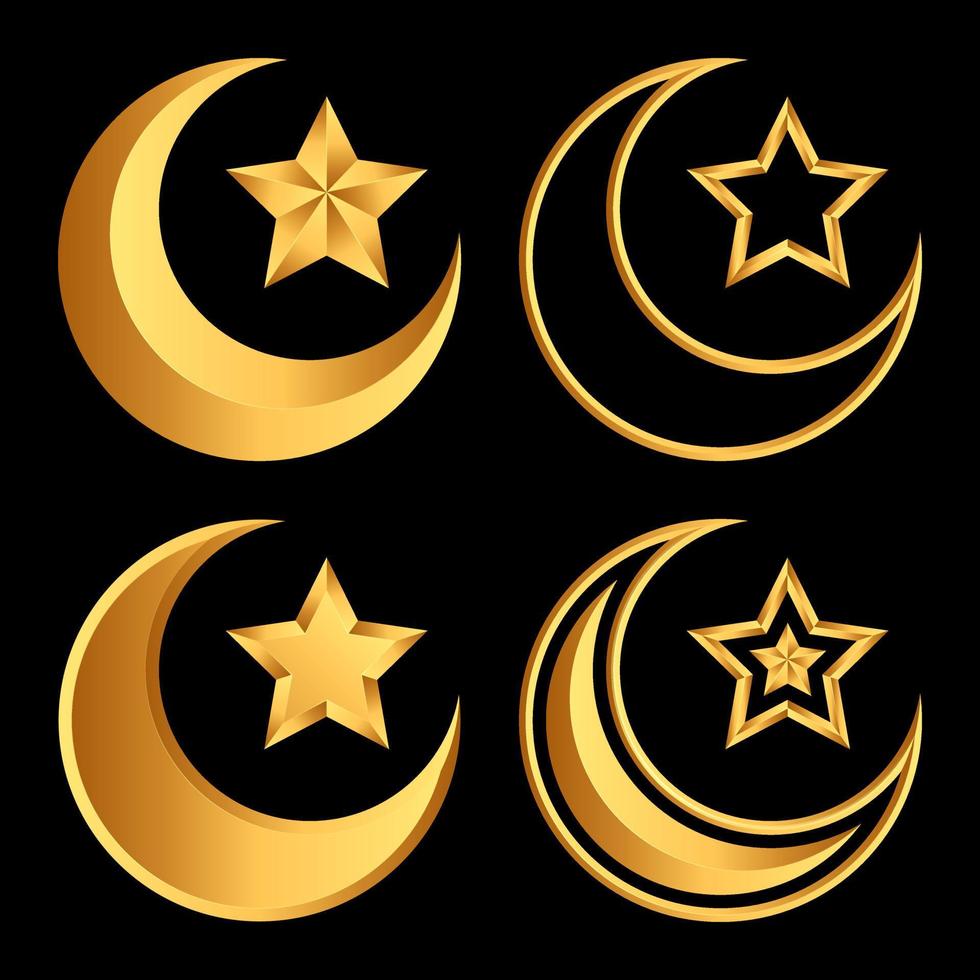 Gold Moon and star islamic ornament shape design element set vector