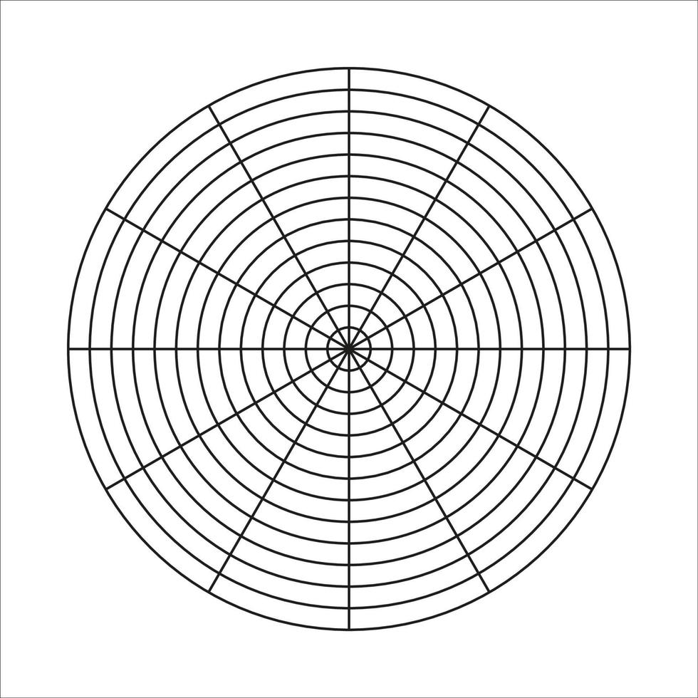 Polar grid of 12 segments and 12 concentric circles. Wheel of life template. Circle diagram of lifestyle balance. Coaching tool. Vector blank polar graph paper.