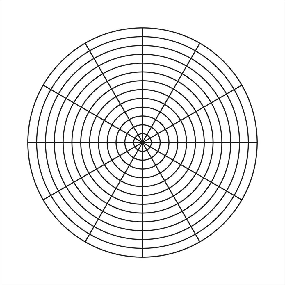 Polar grid of 12 segments and 12 concentric circles. Wheel of life template. Circle diagram of lifestyle balance. Coaching tool. Vector blank polar graph paper.