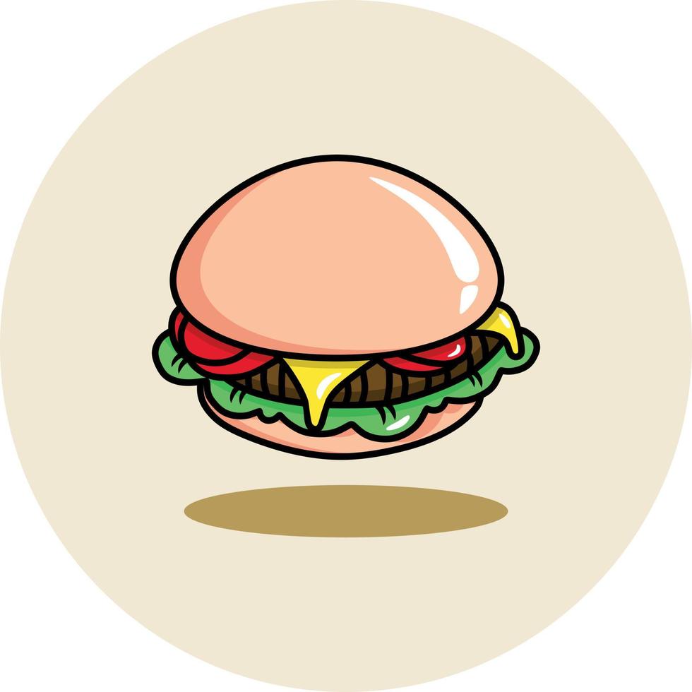 A vector illustration of a burger created using vector graphic design software depicting a complete bun, meat, vegetables, and sauce.