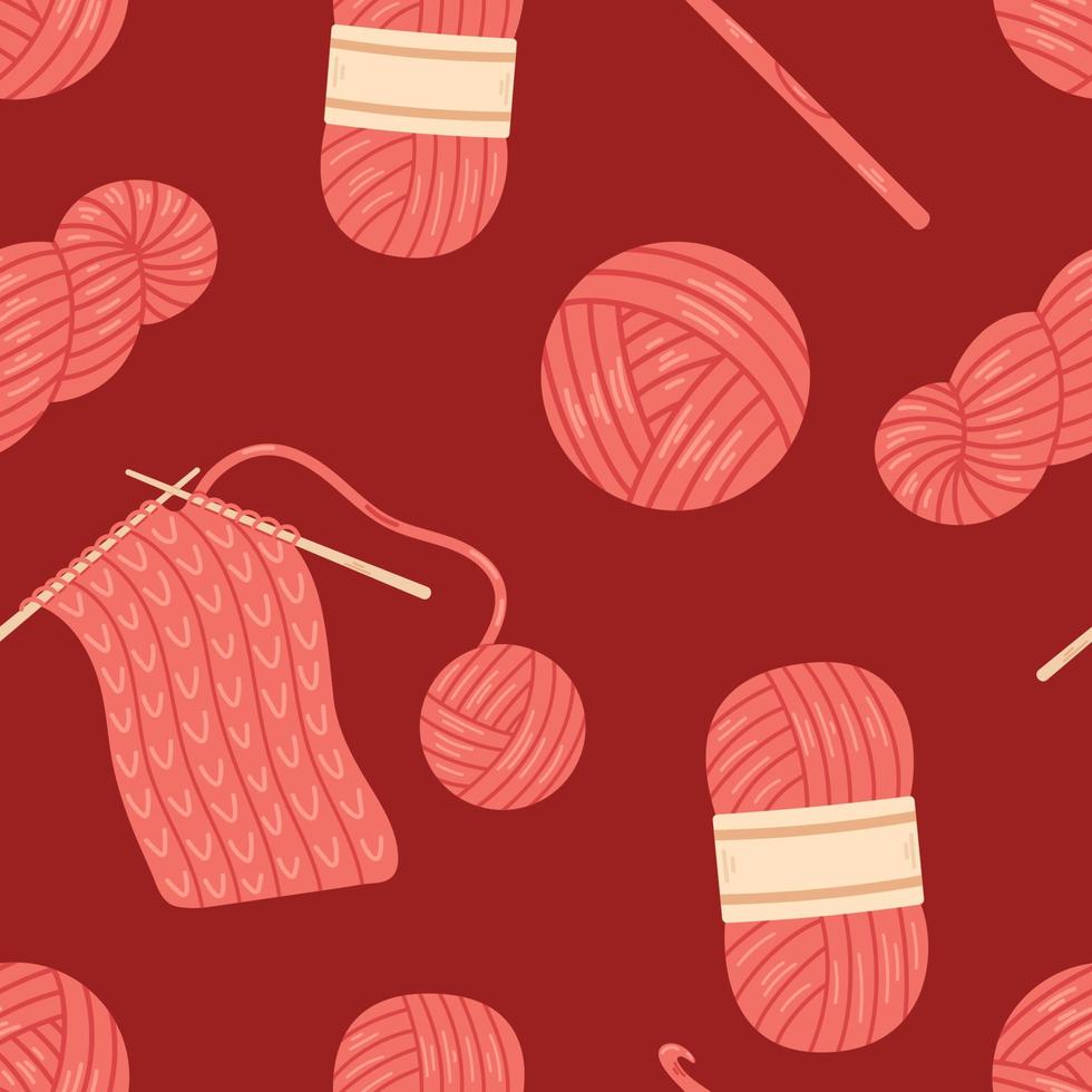 Vector seamless pattern with wool yarn balls and skeins, knitting needles and crochet hooks. Background with knitting tools in red colors. Cozy crafting hobby. Pattern with wool yarn in flat design.