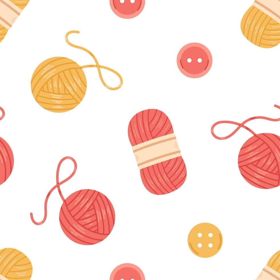 Vector seamless pattern with buttons, wool yarn balls and skeins for knitting. Red and yellow knit threads on white background. Cozy crafting hobby.