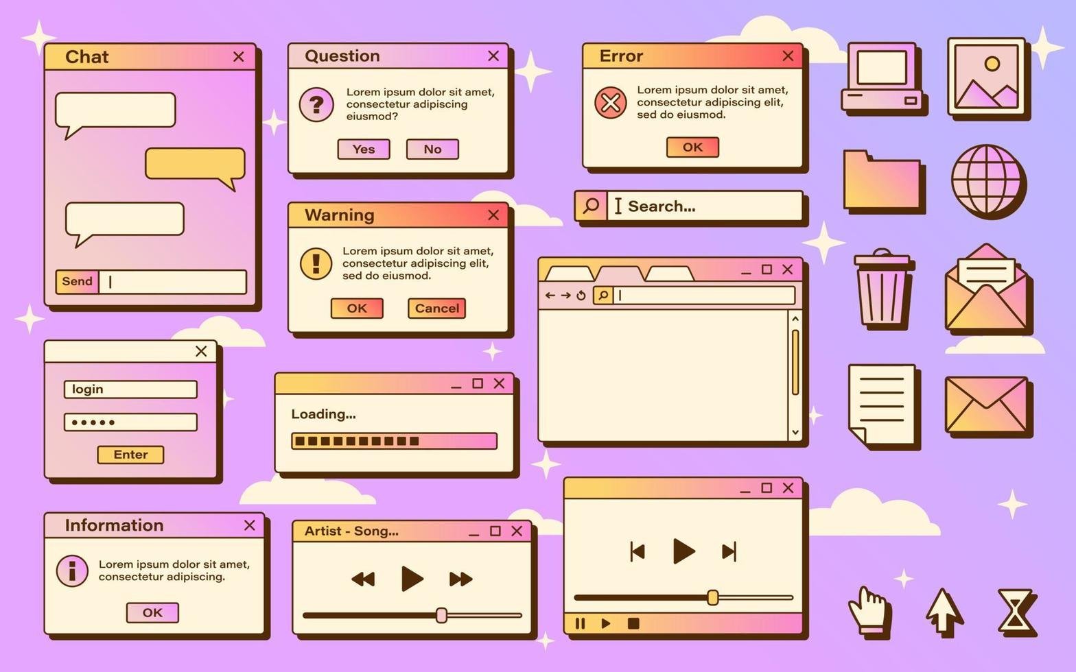 Vector set of retro vaporwave computer interface. Gradient browser and dialog window templates. Nostalgic OS. Retro icons.