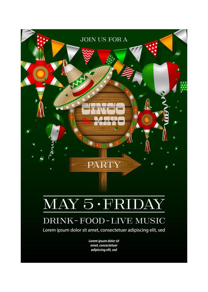 cinco de mayo poster with wooden signboard and sombrero. mexican party flyer with balloons, pennants and star pinata vector