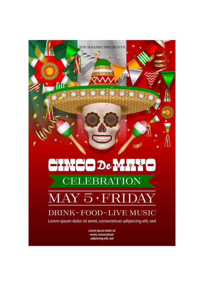 cinco de mayo poster. cinco de mayo party poster with skull with sombrero, star pinatas and pennants vector