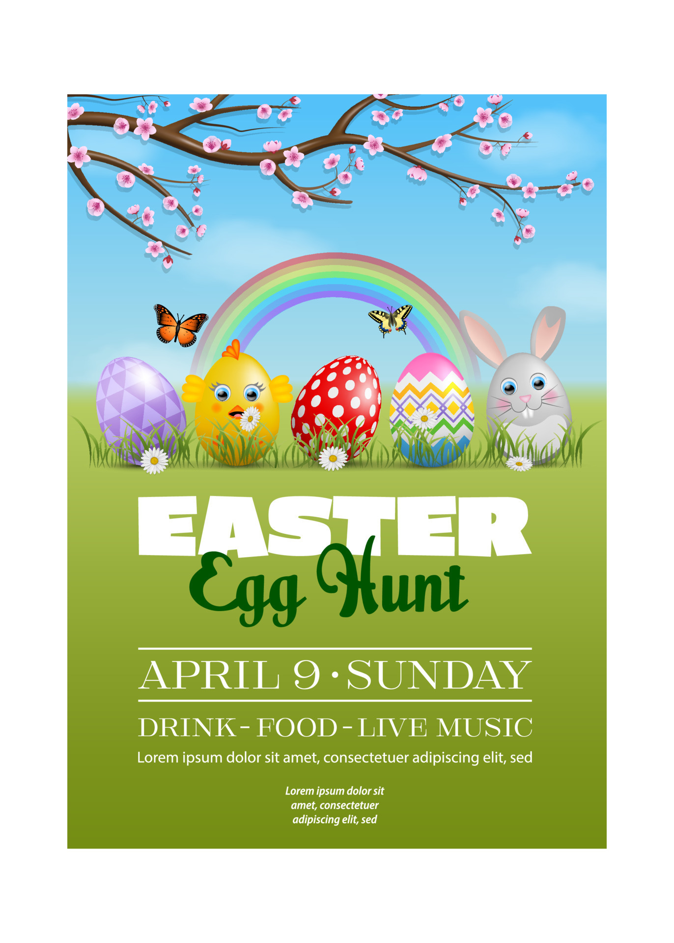 easter poster with colorful eggs on spring background. egg hunt flyer 20864799 Vector Art at Vecteezy