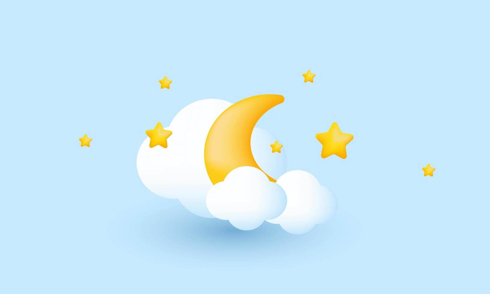 illustration icon 3d crescent moon golden stars white background vector