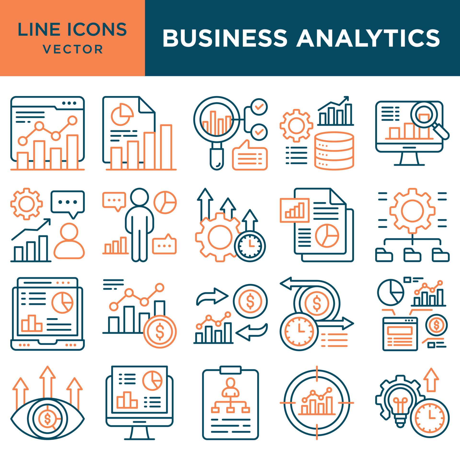Business Analytics icons for management, data analytics, productivity ...