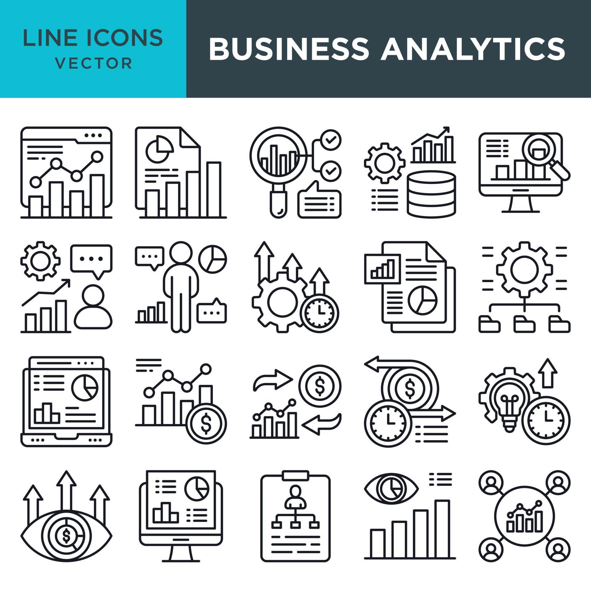 Business Analytics icons for management, data analytics, productivity ...
