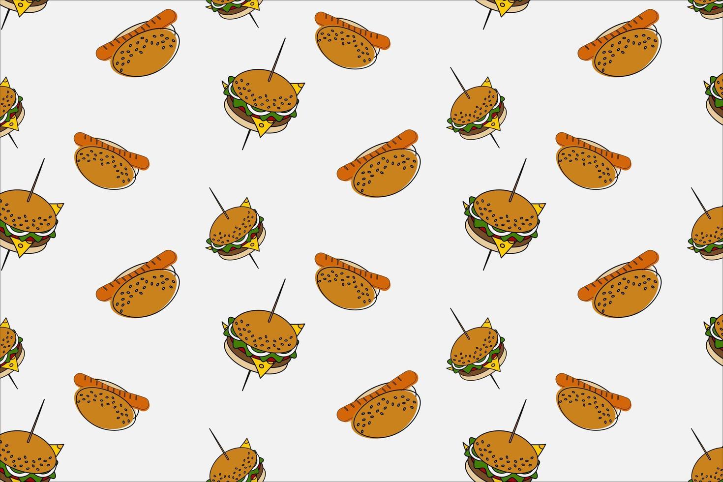 Seamless pattern of a hamburger on a skewer and a hot dog. American fast food. Happy hamburger day vector