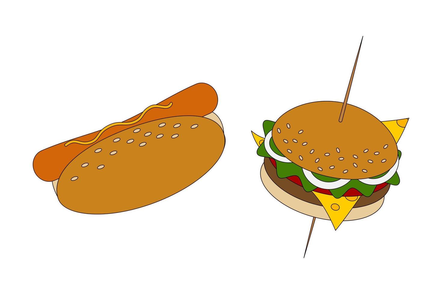 Set of 2 popular fast food elements in trendy shades of Hamburger and Hot Dog. Happy fast food day vector