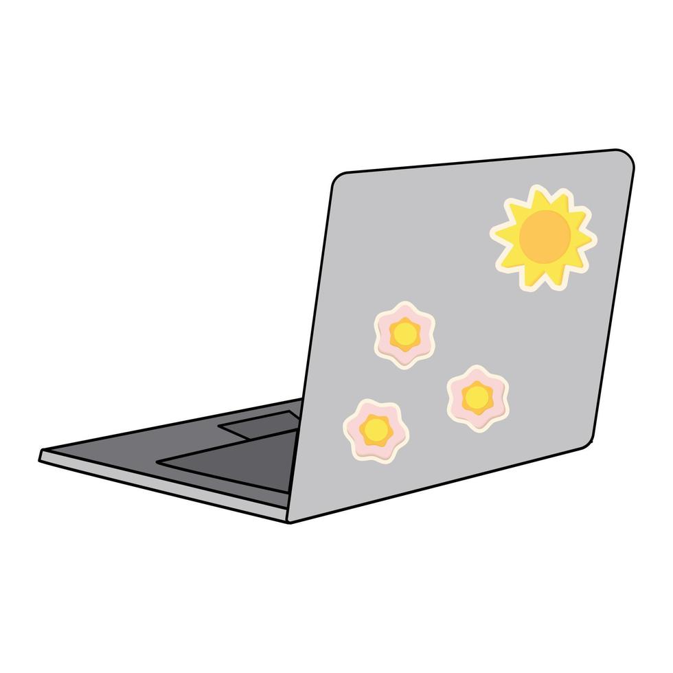 Isometric image of a laptop with bright stickers on the cover of the sun and flower. Sticker. Icon vector