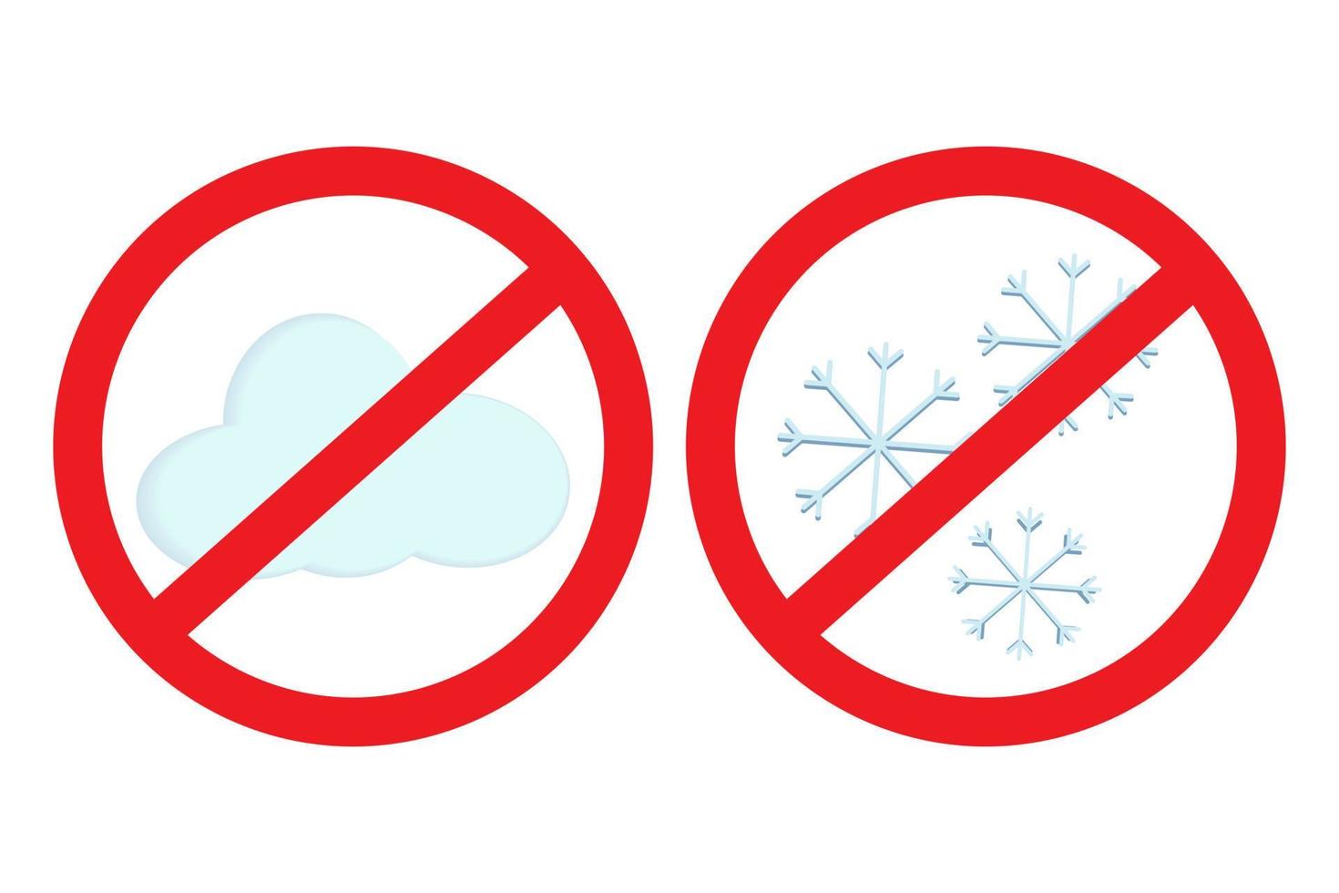 A set of three snowflakes and cloud in the 3D style under the sign of a ban. Sticker. Icon. Isolate. vector