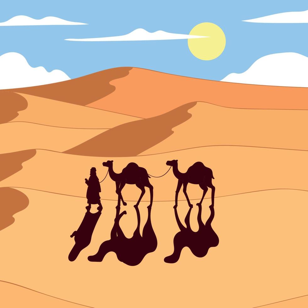 desert landscape and people walking with camels vector