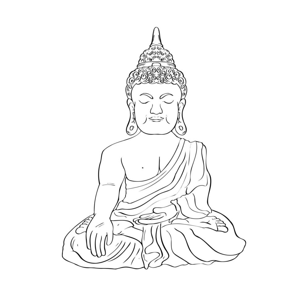 Buddha line decorative outline drawing. Sketch of a sitting or meditating buddah statue vector