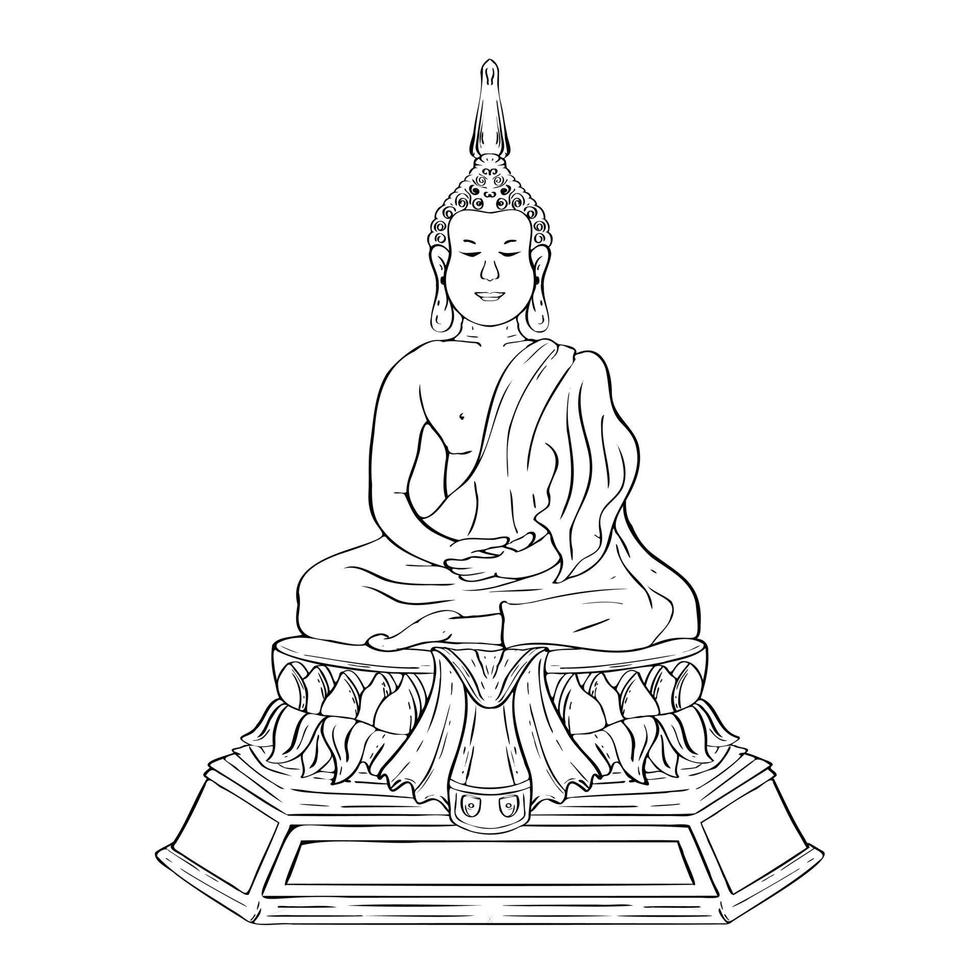 Buddha line decorative outline drawing. Sketch of a sitting or meditating buddah statue vector