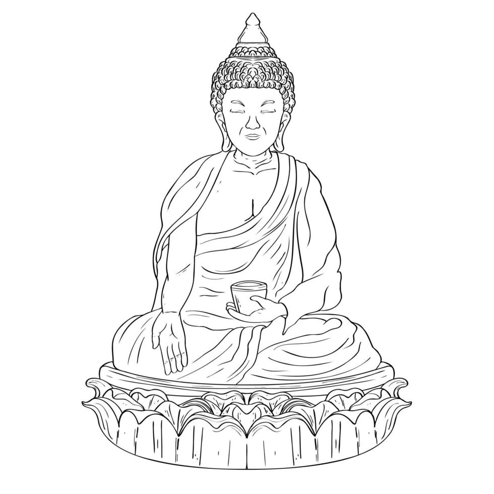 Buddha line decorative outline drawing. Sketch of a sitting or meditating buddah statue vector