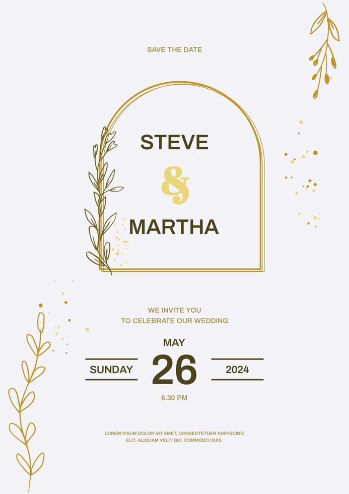 Minimalist wedding invitation template with gold hand drawn floral vector