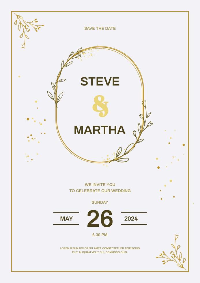 Minimalist wedding invitation template with gold hand drawn floral vector