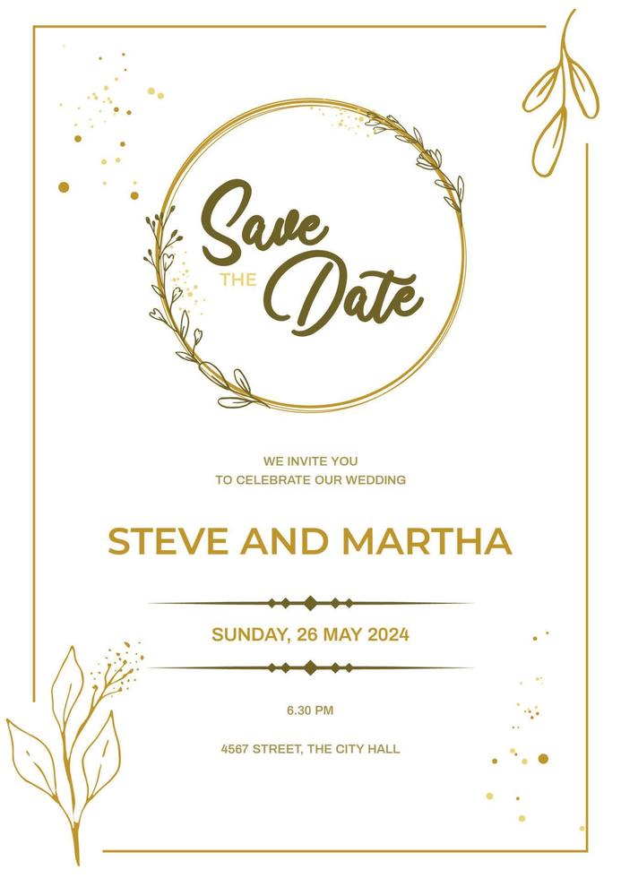 Minimalist wedding invitation template with gold hand drawn floral vector